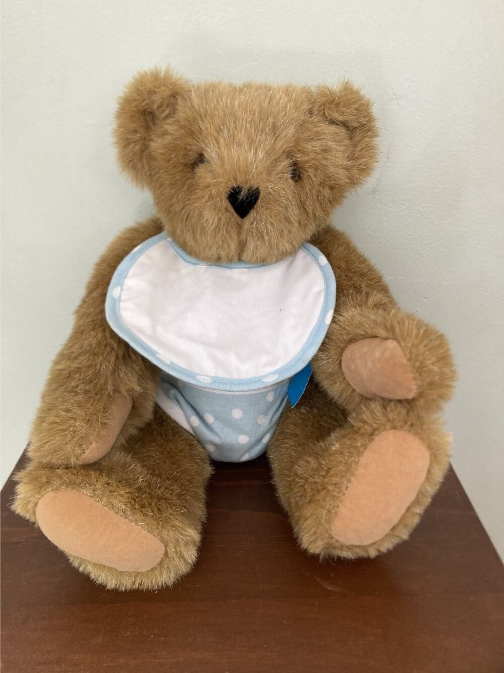 The Vermont Teddy Bear Company Plush Bear With Blue Polka Dot Outfit & Bib Handm
